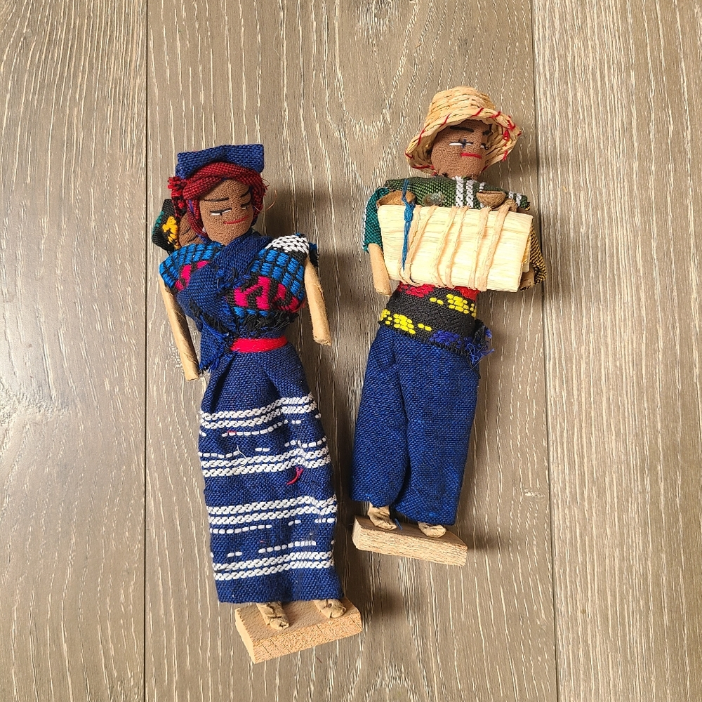 Antique Artisan Vintage African Handcrafted Wooden Dolls with Blue Outfits